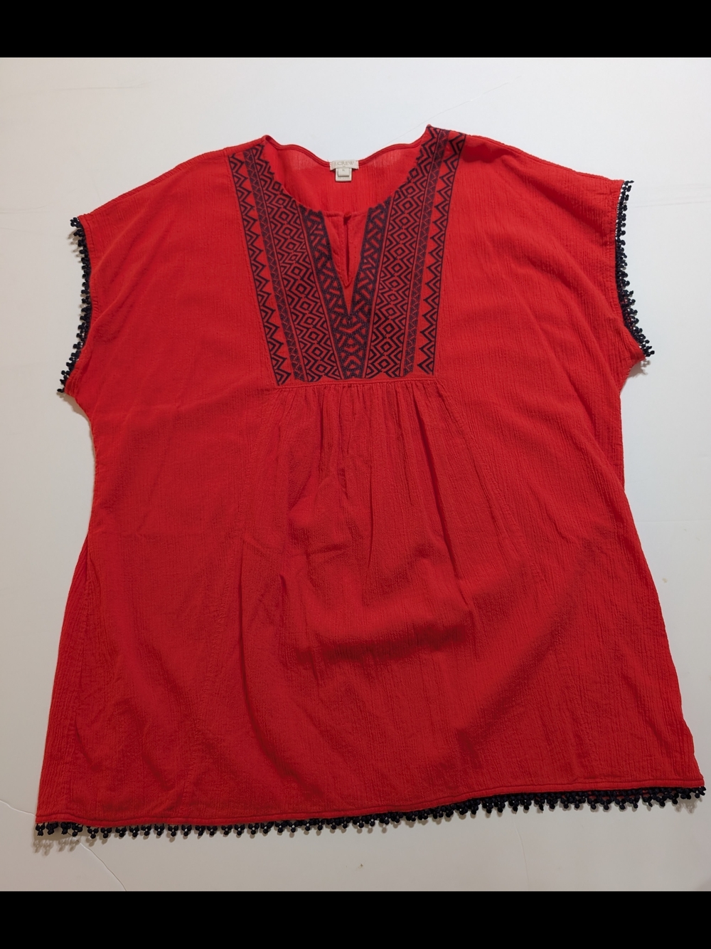 J. Crew Red Tunic with Black Geometric Embroidery